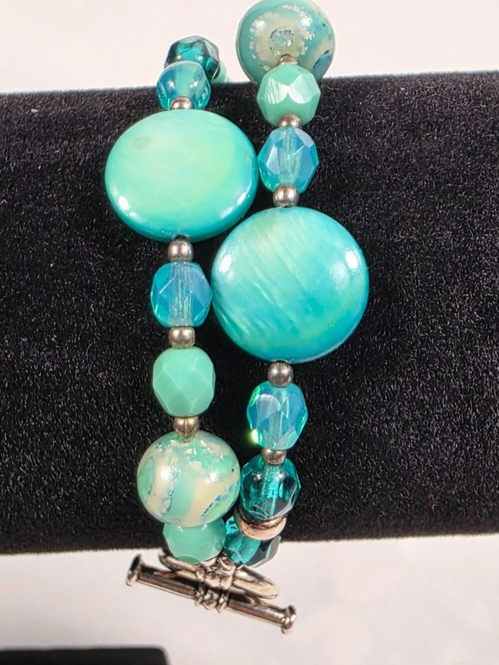 Two-Strand Turquoise Color Beaded Bracelet Swirl, Solid & Translucent Beads